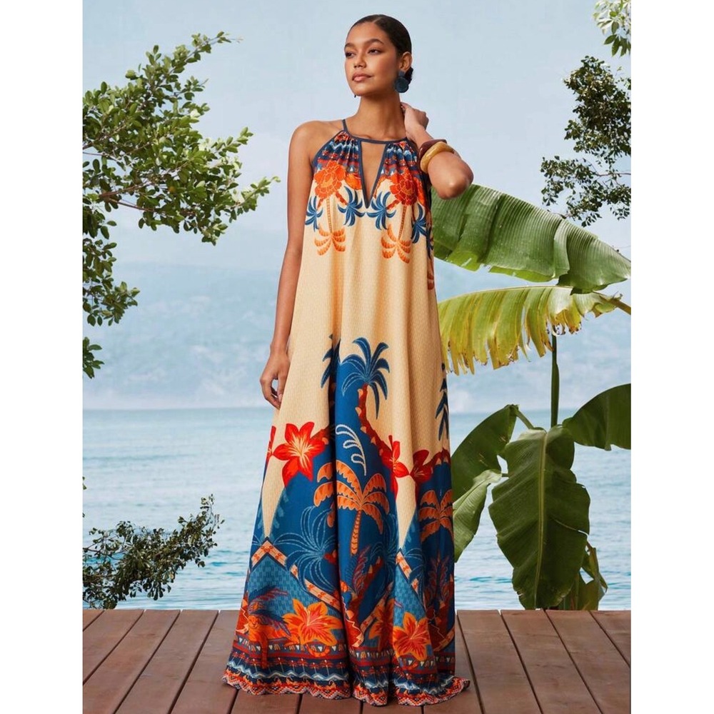 Tropical Palm Tree Floral Maxi Dress Halter Keyhole Neck Blue Orange Large